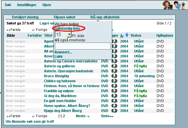 Skjermbilde, vis fullstendig liste