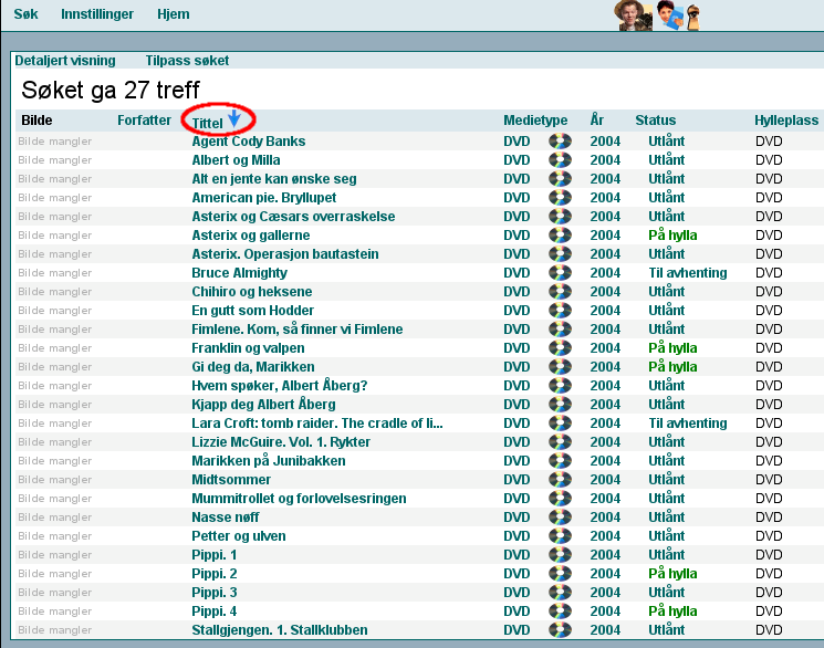 Skjermbilde, sortert liste
