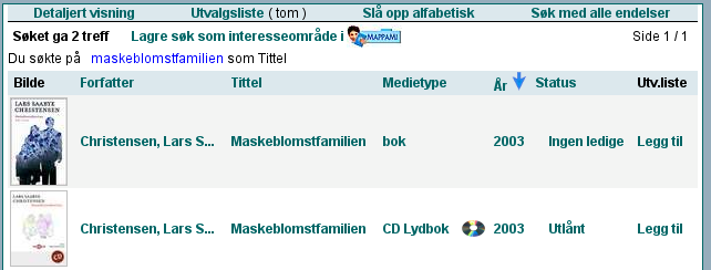 Skjermbilde, treffliste